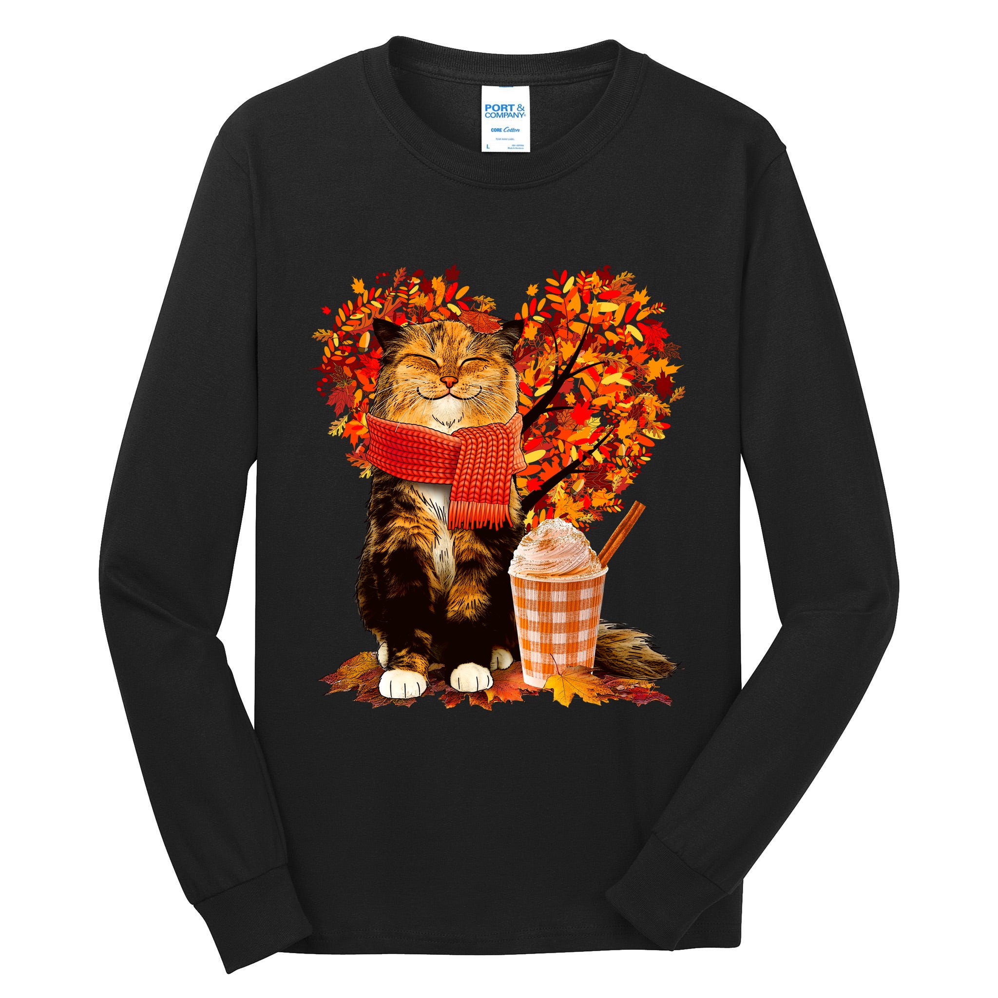 Cute Happy Autumn Cat With Pumpkin Spice Drink Fall Lover Tall Long Sleeve T-Shirt
