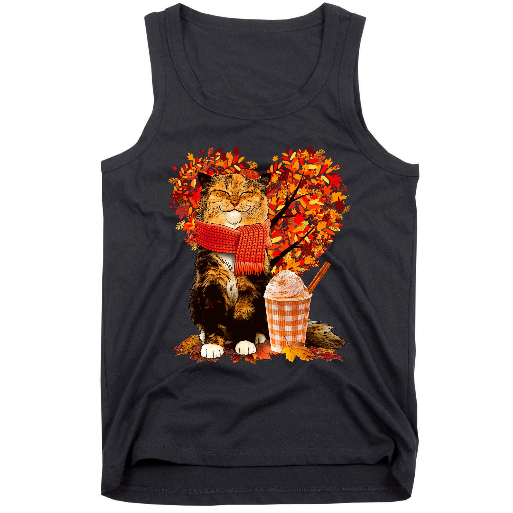 Cute Happy Autumn Cat With Pumpkin Spice Drink Fall Lover Tank Top