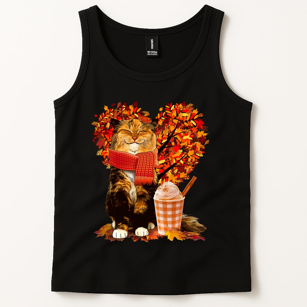 Cute Happy Autumn Cat With Pumpkin Spice Drink Fall Lover Tank Top
