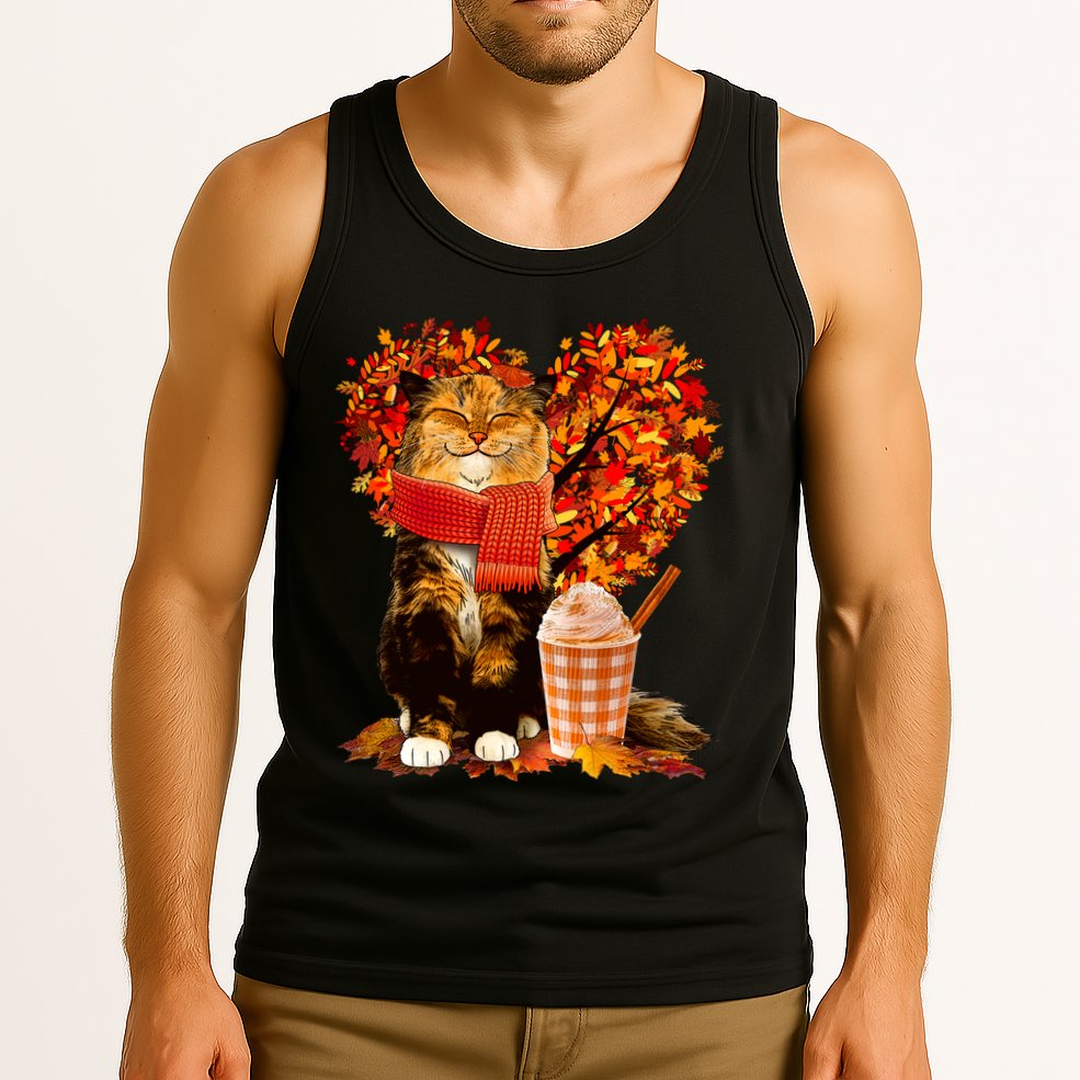 Cute Happy Autumn Cat With Pumpkin Spice Drink Fall Lover Tank Top