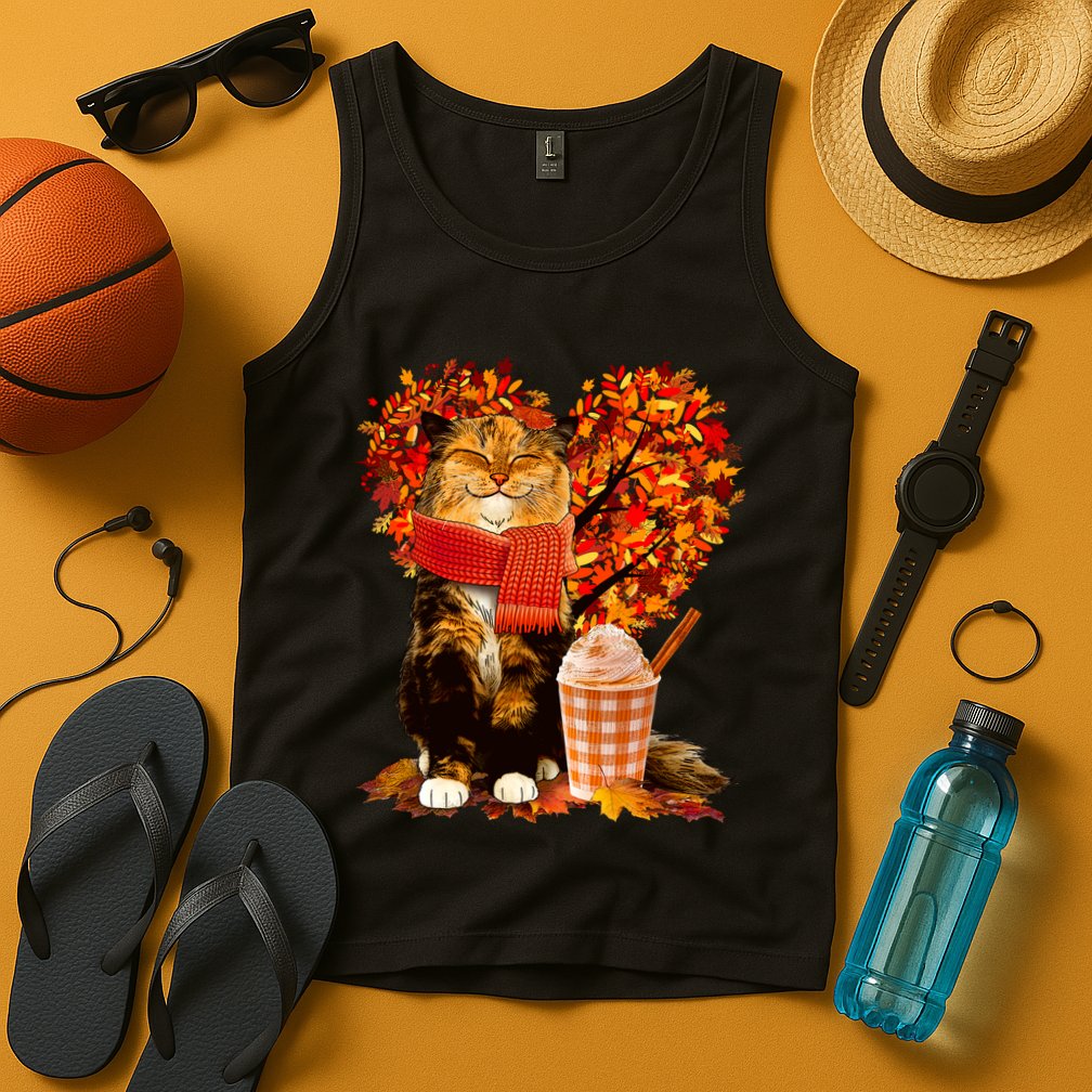 Cute Happy Autumn Cat With Pumpkin Spice Drink Fall Lover Tank Top