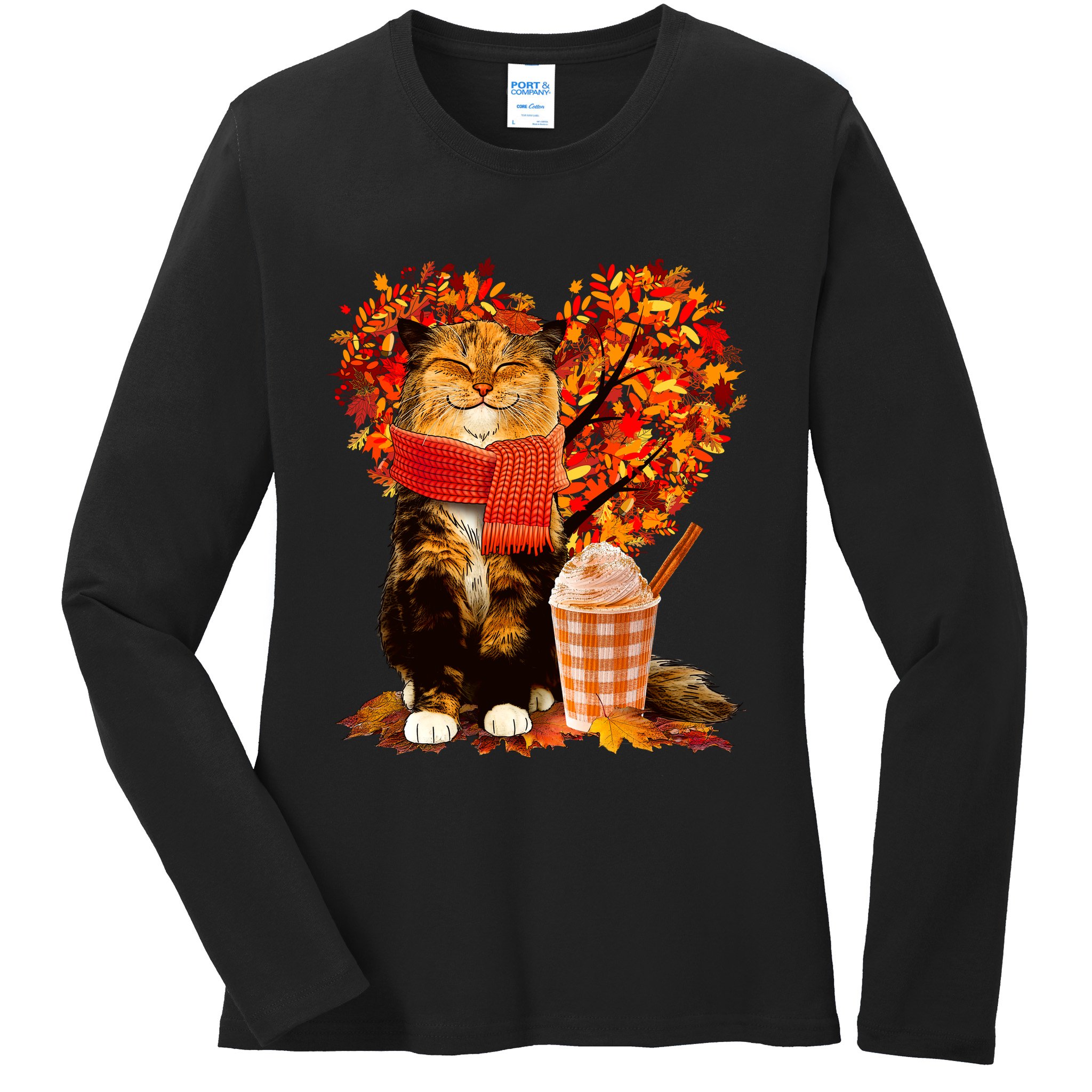 Cute Happy Autumn Cat With Pumpkin Spice Drink Fall Lover Ladies Long Sleeve Shirt
