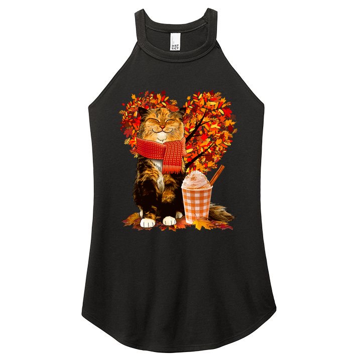 Cute Happy Autumn Cat With Pumpkin Spice Drink Fall Lover Women's Perfect Tri Rocker Tank