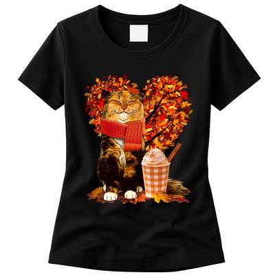 Cute Happy Autumn Cat With Pumpkin Spice Drink Fall Lover Womens T-Shirt