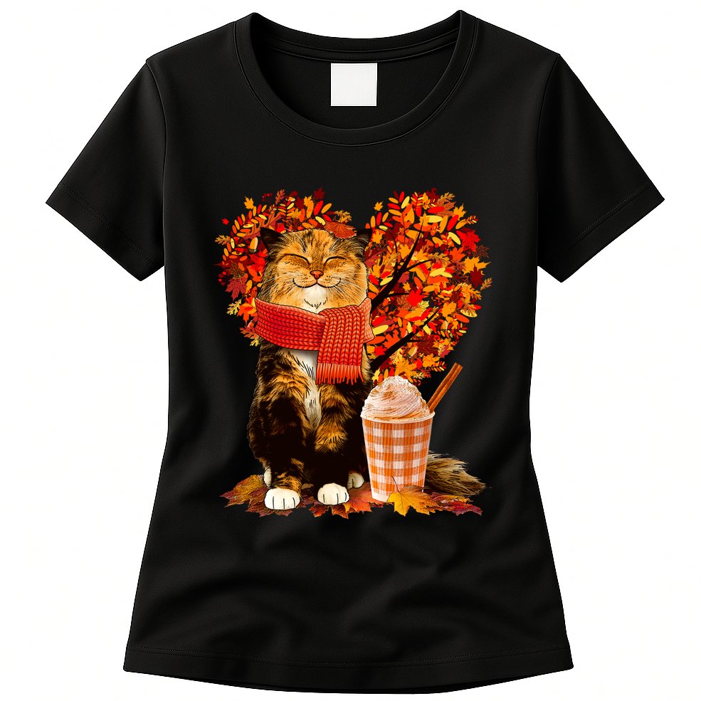 Cute Happy Autumn Cat With Pumpkin Spice Drink Fall Lover Womens T-Shirt