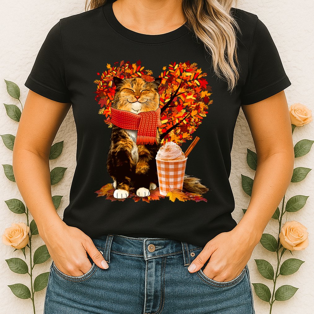 Cute Happy Autumn Cat With Pumpkin Spice Drink Fall Lover Womens T-Shirt