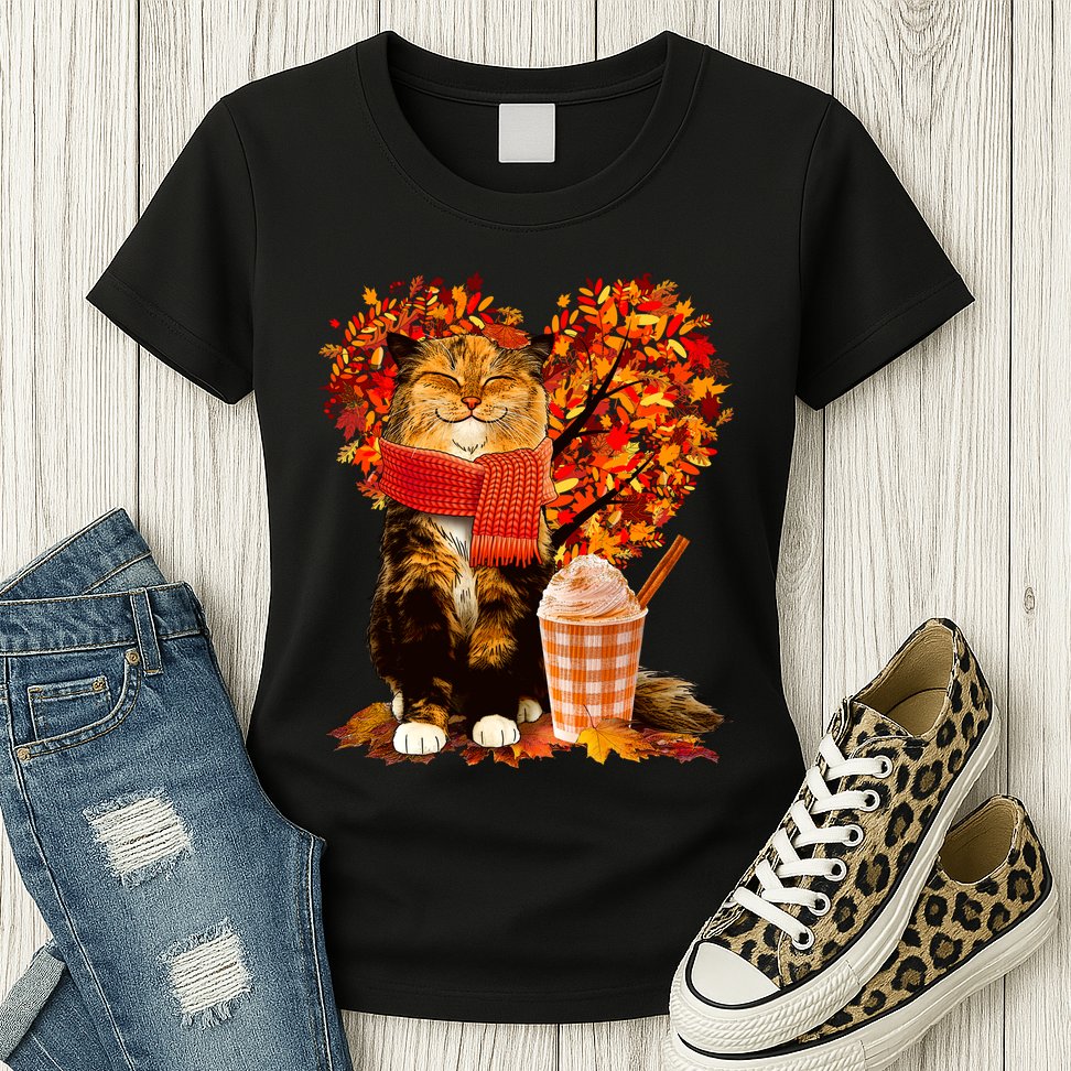 Cute Happy Autumn Cat With Pumpkin Spice Drink Fall Lover Womens T-Shirt