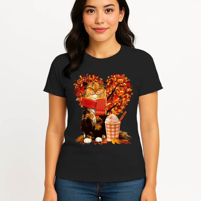Cute Happy Autumn Cat With Pumpkin Spice Drink Fall Lover Womens T-Shirt