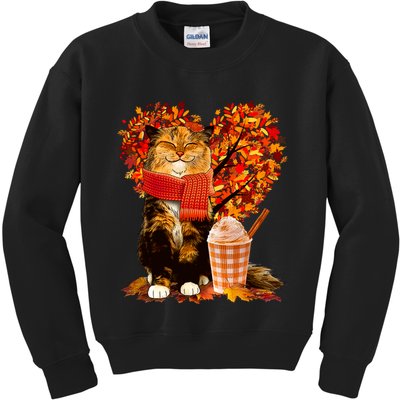 Cute Happy Autumn Cat With Pumpkin Spice Drink Fall Lover Kids Sweatshirt