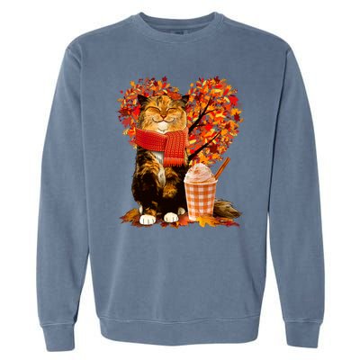 Cute Happy Autumn Cat With Pumpkin Spice Drink Fall Lover Garment-Dyed Sweatshirt