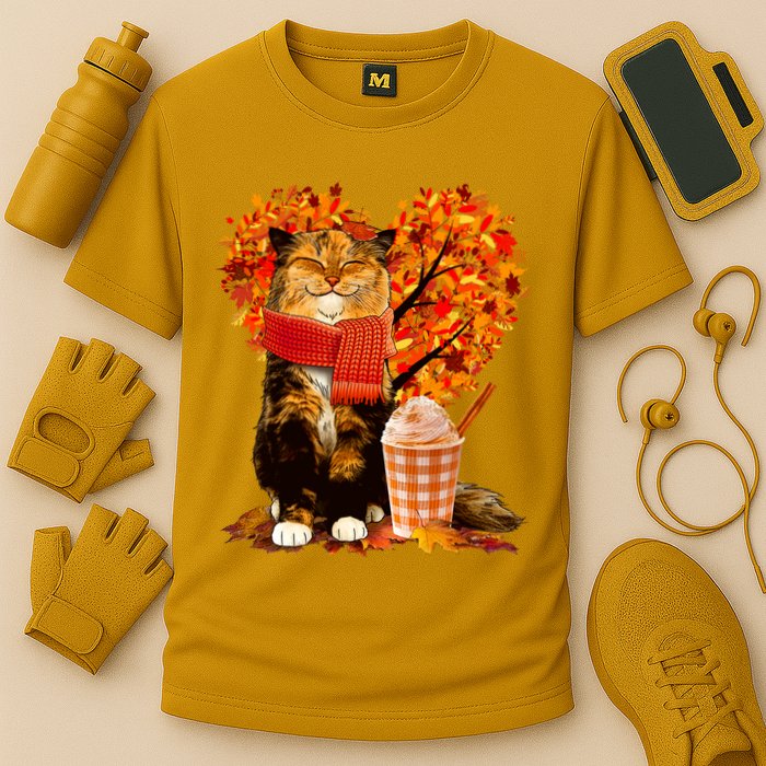 Cute Happy Autumn Cat With Pumpkin Spice Drink Fall Lover Cooling Performance Crew T-Shirt