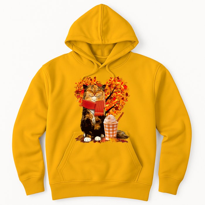 Cute Happy Autumn Cat With Pumpkin Spice Drink Fall Lover Hoodie