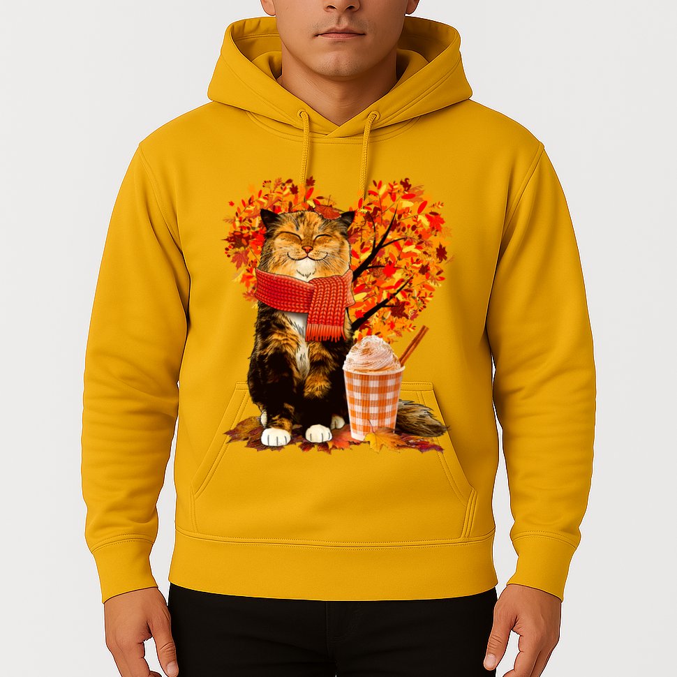 Cute Happy Autumn Cat With Pumpkin Spice Drink Fall Lover Hoodie