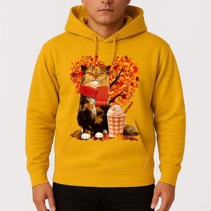 Cute Happy Autumn Cat With Pumpkin Spice Drink Fall Lover Hoodie