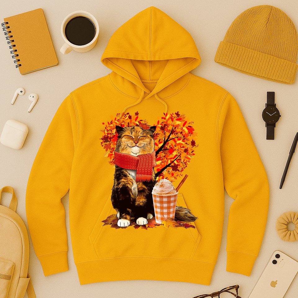 Cute Happy Autumn Cat With Pumpkin Spice Drink Fall Lover Hoodie