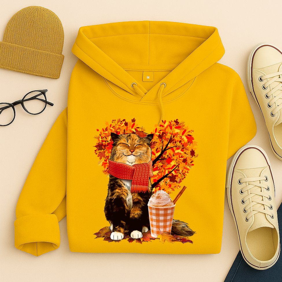 Cute Happy Autumn Cat With Pumpkin Spice Drink Fall Lover Hoodie