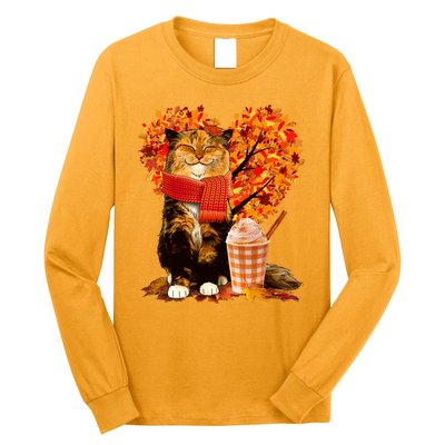 Cute Happy Autumn Cat With Pumpkin Spice Drink Fall Lover Long Sleeve Shirt