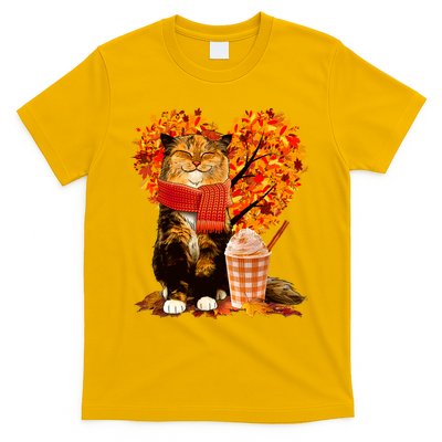 Cute Happy Autumn Cat With Pumpkin Spice Drink Fall Lover T-Shirt
