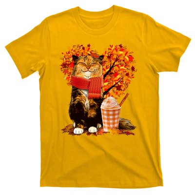 Cute Happy Autumn Cat With Pumpkin Spice Drink Fall Lover T-Shirt