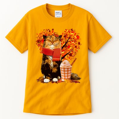 Cute Happy Autumn Cat With Pumpkin Spice Drink Fall Lover Tall T-Shirt