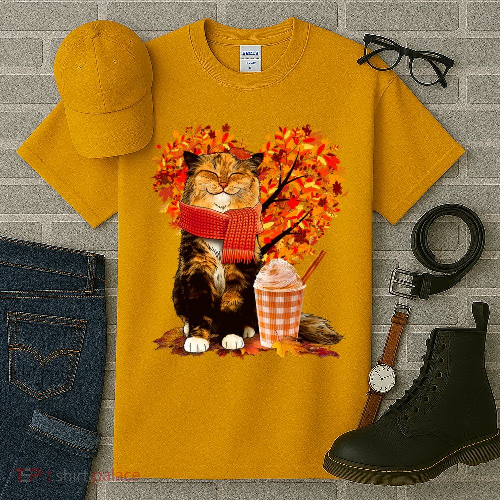 Cute Happy Autumn Cat With Pumpkin Spice Drink Fall Lover Tall T-Shirt
