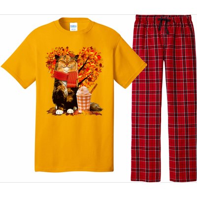 Cute Happy Autumn Cat With Pumpkin Spice Drink Fall Lover Pajama Set