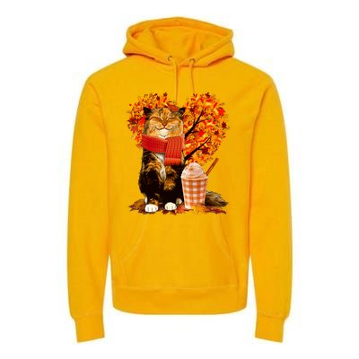 Cute Happy Autumn Cat With Pumpkin Spice Drink Fall Lover Premium Hoodie