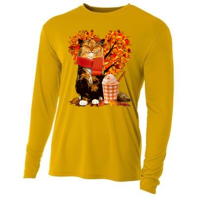 Cute Happy Autumn Cat With Pumpkin Spice Drink Fall Lover Cooling Performance Long Sleeve Crew