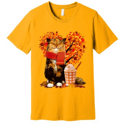 Cute Happy Autumn Cat With Pumpkin Spice Drink Fall Lover Premium T-Shirt