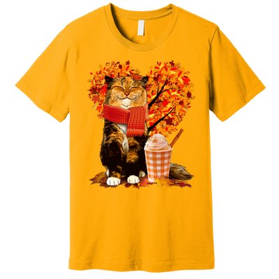 Cute Happy Autumn Cat With Pumpkin Spice Drink Fall Lover Premium T-Shirt