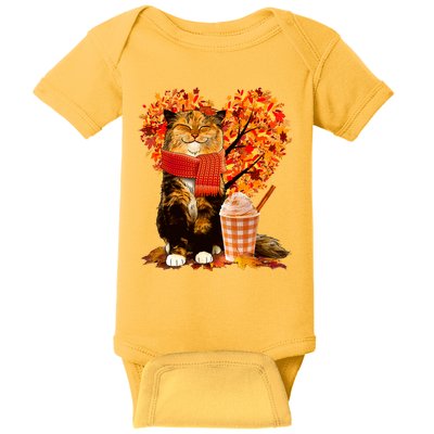 Cute Happy Autumn Cat With Pumpkin Spice Drink Fall Lover Baby Bodysuit