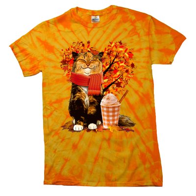 Cute Happy Autumn Cat With Pumpkin Spice Drink Fall Lover Tie-Dye T-Shirt