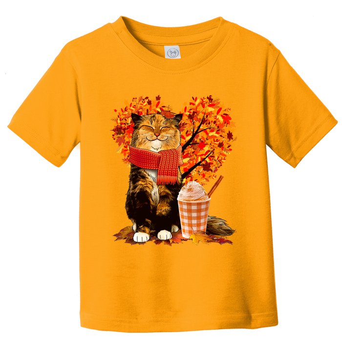 Cute Happy Autumn Cat With Pumpkin Spice Drink Fall Lover Toddler T-Shirt