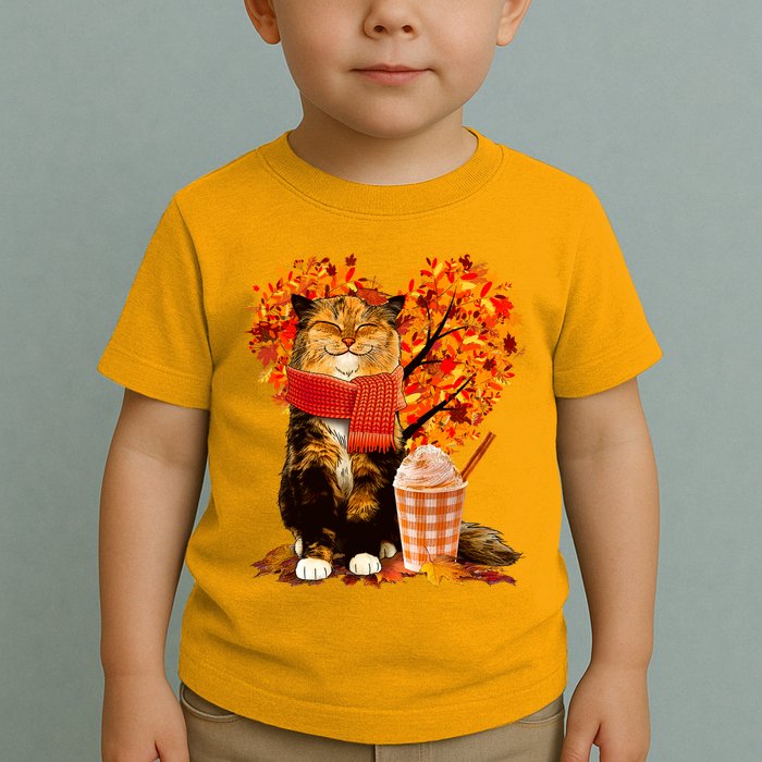 Cute Happy Autumn Cat With Pumpkin Spice Drink Fall Lover Toddler T-Shirt
