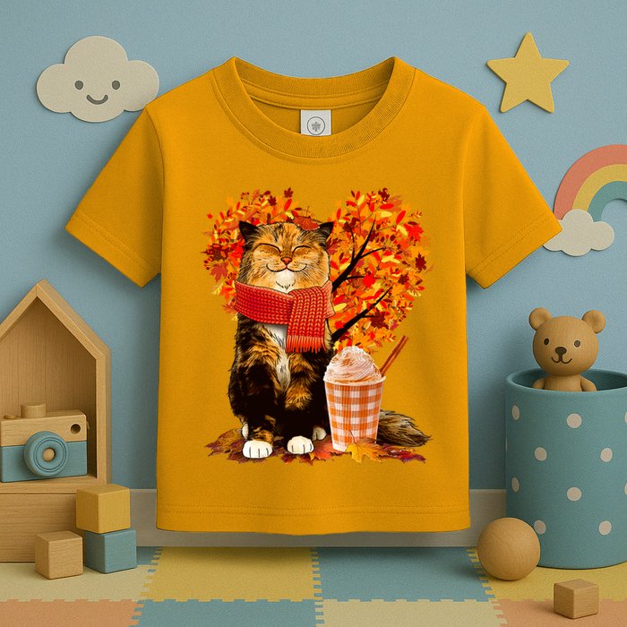 Cute Happy Autumn Cat With Pumpkin Spice Drink Fall Lover Toddler T-Shirt