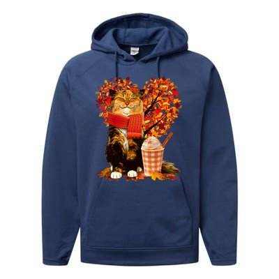 Cute Happy Autumn Cat With Pumpkin Spice Drink Fall Lover Performance Fleece Hoodie