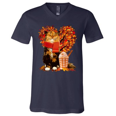 Cute Happy Autumn Cat With Pumpkin Spice Drink Fall Lover V-Neck T-Shirt