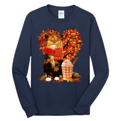 Cute Happy Autumn Cat With Pumpkin Spice Drink Fall Lover Tall Long Sleeve T-Shirt