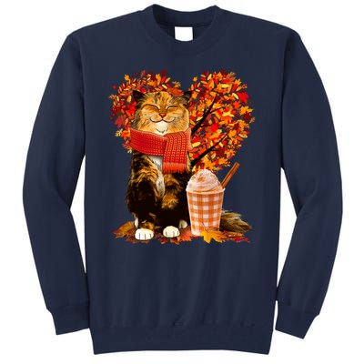 Cute Happy Autumn Cat With Pumpkin Spice Drink Fall Lover Tall Sweatshirt