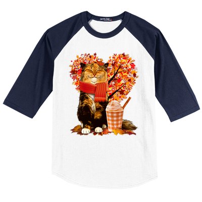 Cute Happy Autumn Cat With Pumpkin Spice Drink Fall Lover Baseball Sleeve Shirt