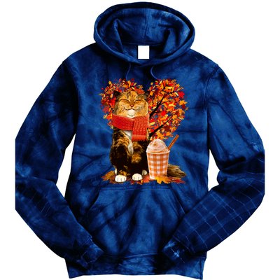 Cute Happy Autumn Cat With Pumpkin Spice Drink Fall Lover Tie Dye Hoodie