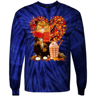 Cute Happy Autumn Cat With Pumpkin Spice Drink Fall Lover Tie-Dye Long Sleeve Shirt