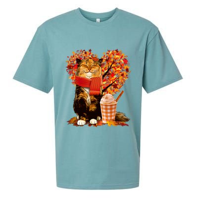 Cute Happy Autumn Cat With Pumpkin Spice Drink Fall Lover Sueded Cloud Jersey T-Shirt