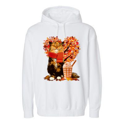 Cute Happy Autumn Cat With Pumpkin Spice Drink Fall Lover Garment-Dyed Fleece Hoodie