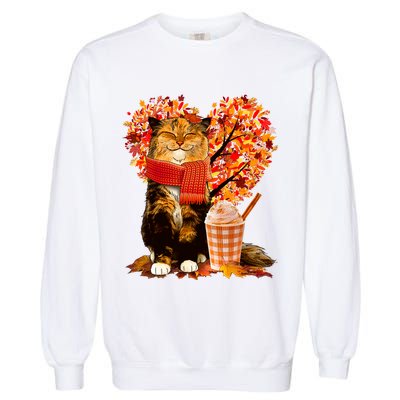 Cute Happy Autumn Cat With Pumpkin Spice Drink Fall Lover Garment-Dyed Sweatshirt