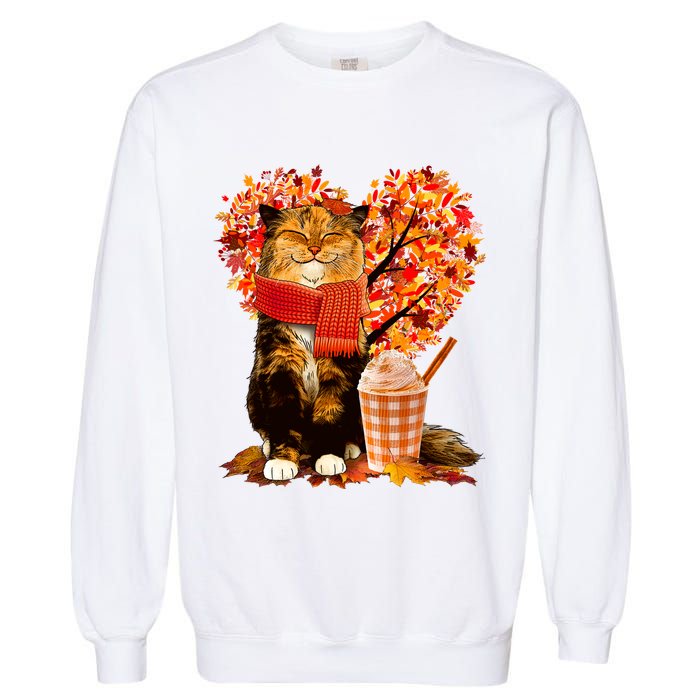 Cute Happy Autumn Cat With Pumpkin Spice Drink Fall Lover Garment-Dyed Sweatshirt