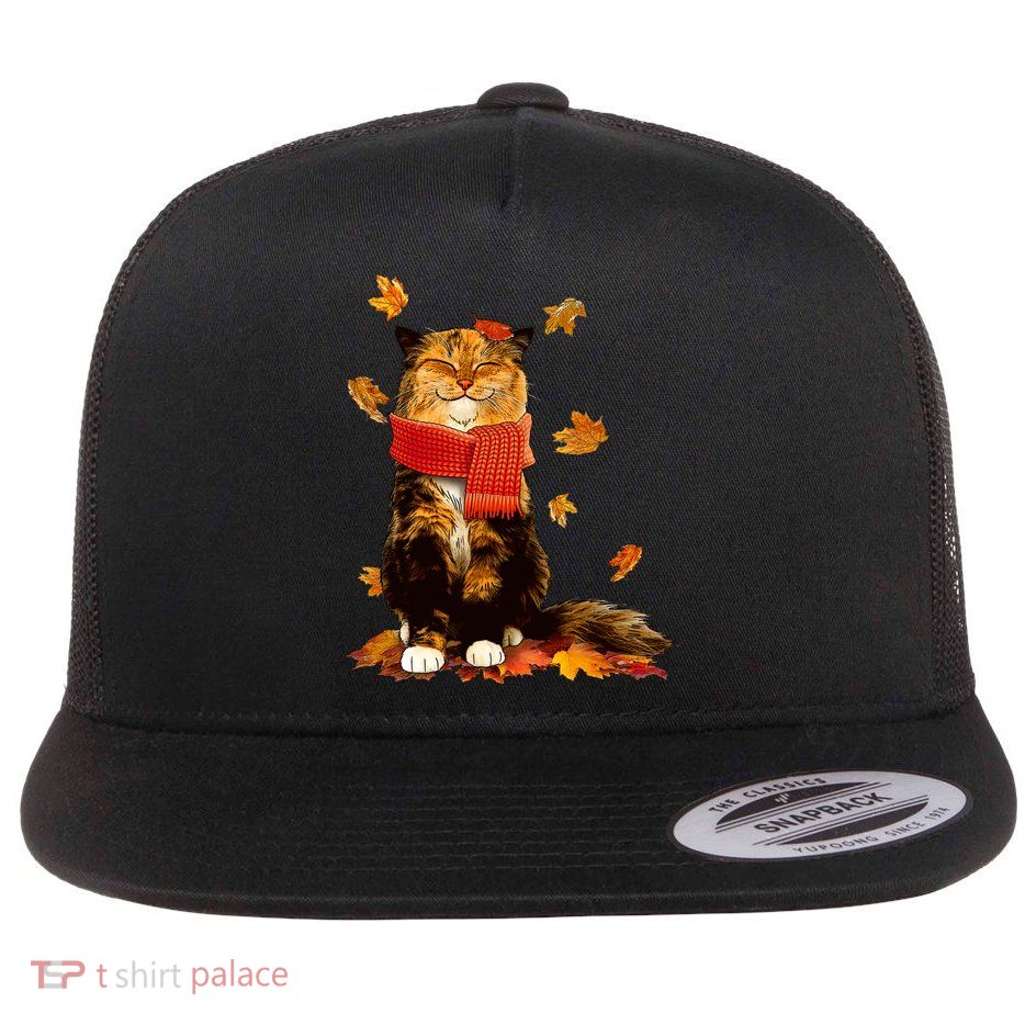 Cute Happy Autumn Cat Fall Season Lover Flat Bill Trucker Hat