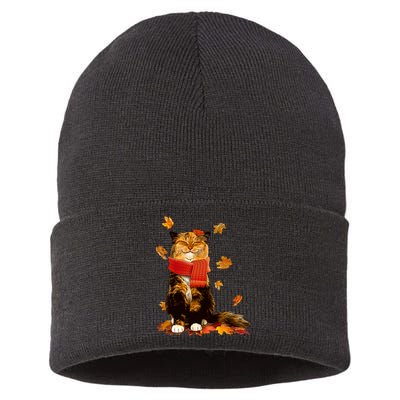Cute Happy Autumn Cat Fall Season Lover Sustainable Knit Beanie