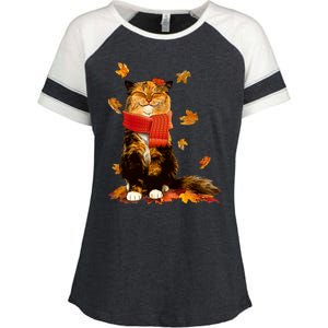 Cute Happy Autumn Cat Fall Season Lover Enza Ladies Jersey Colorblock Tee