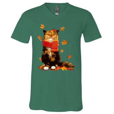 Cute Happy Autumn Cat Fall Season Lover V-Neck T-Shirt